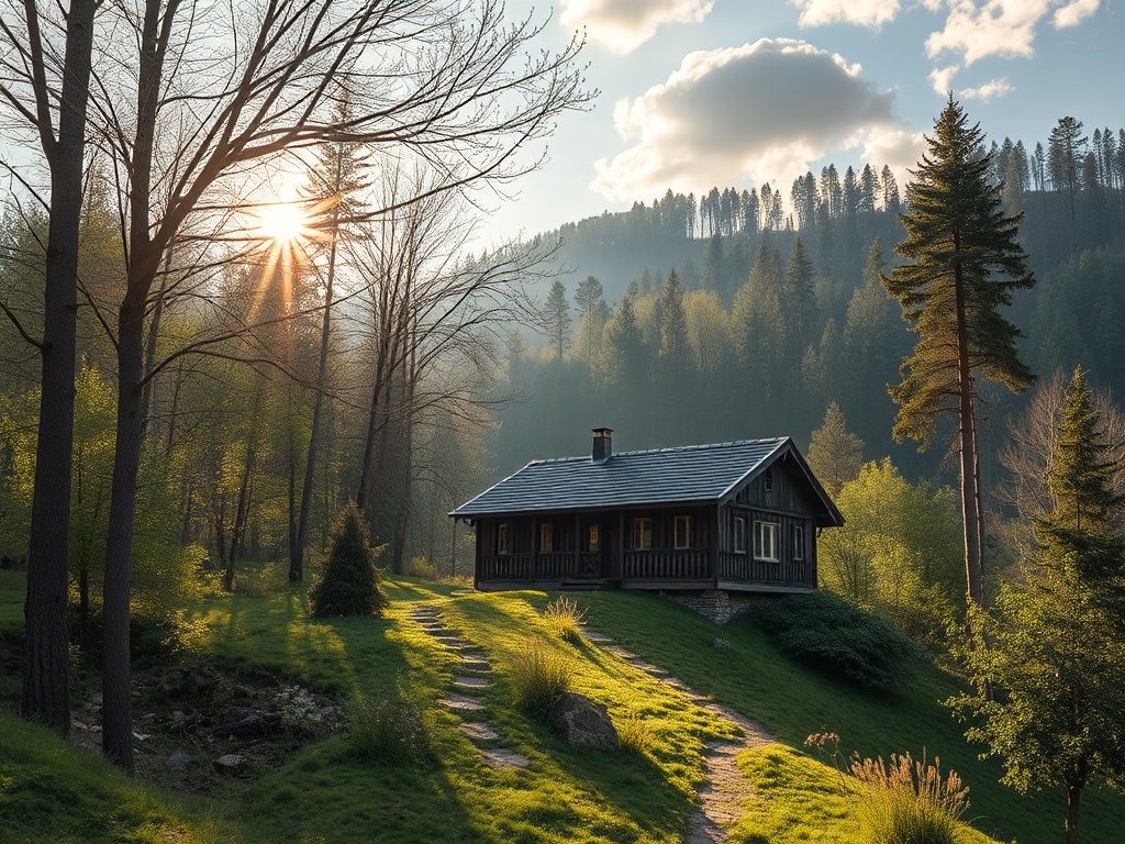 На заднем плане лес, на переднем - дом с крышей из черепицы, окруженный зелёной травой и дорожкой.