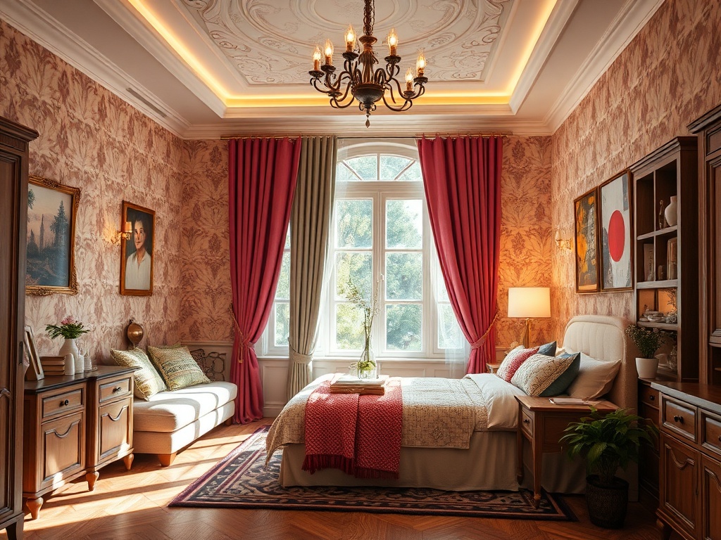 Современная спальня с роскошным дизайном, большим окном, уютной мебелью и элементами декора.