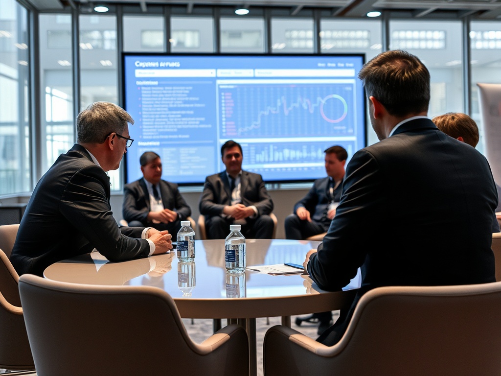 На встрече бизнесмены обсуждают финансовые показатели, на экране графики и данные.