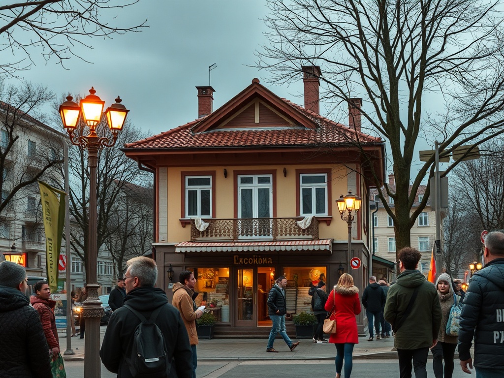 На улице люди, здание с вывеской "Ласковая" и уличные фонари. Серое небо и деревья вокруг.