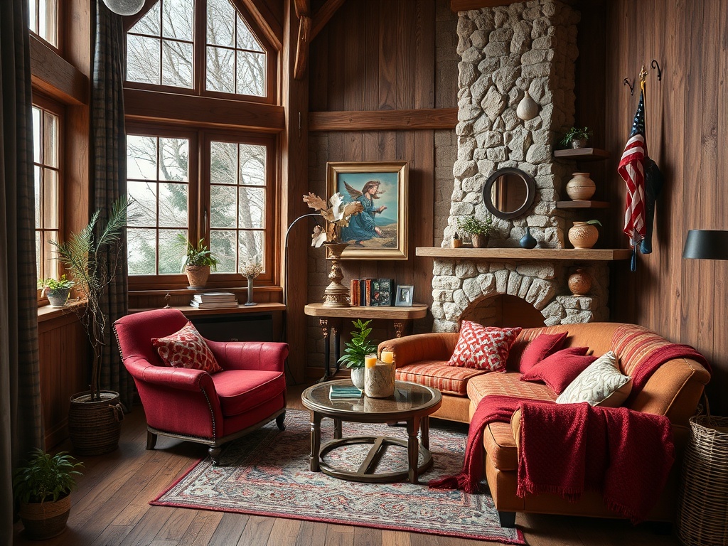 Уютная гостиная с камином, книгами, картинами и природными элементами в древесном интерьере.