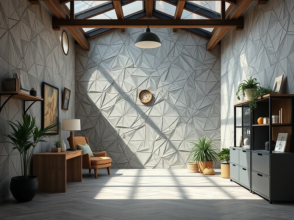 Светлая комната с геометрическими стенами, уютной мебелью и зелеными растениями. Большие окна наполняют светом.