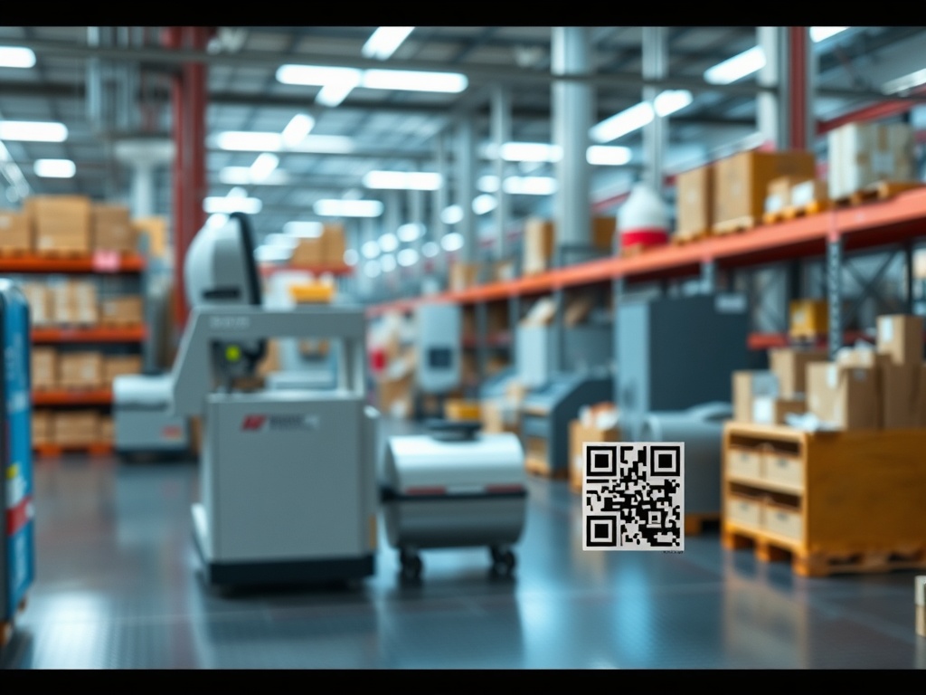 Размытое изображение склада с коробками и механизмами на фоне, QR-код в правом нижнем углу.