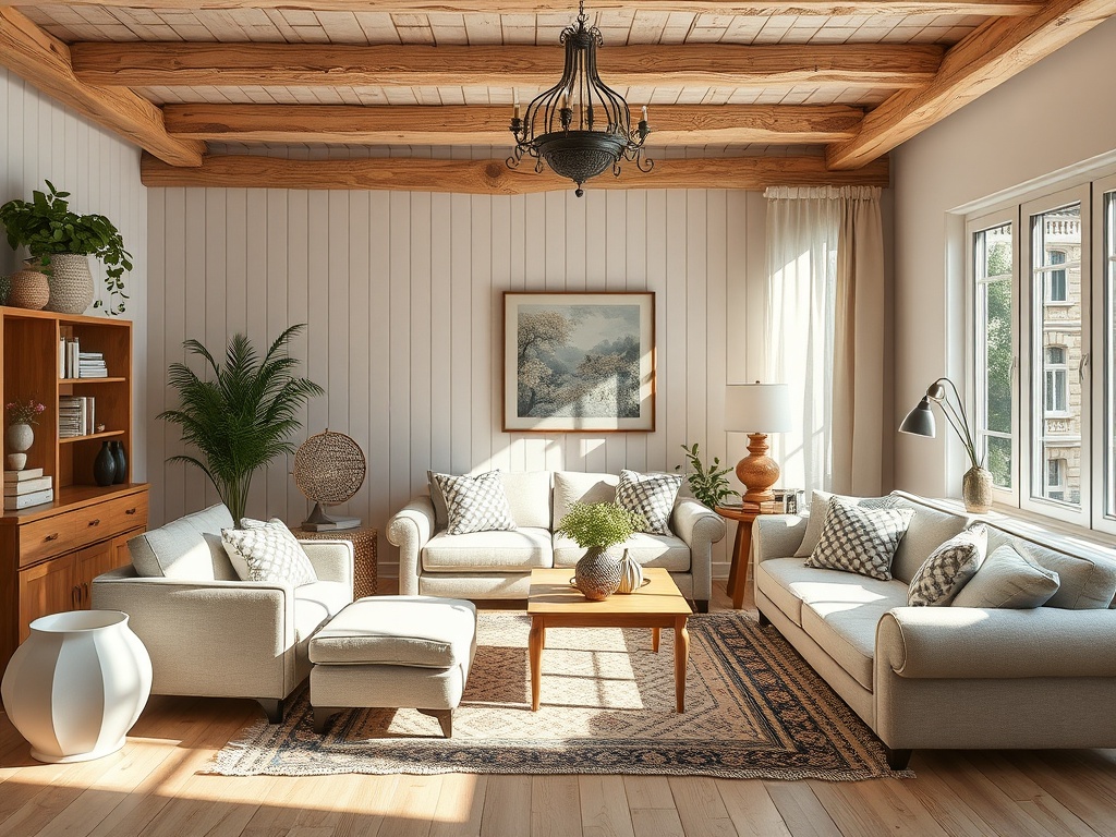 Светлая гостиная с деревянными балками, уютной мебелью и зелеными растениями на фоне окна и стены.