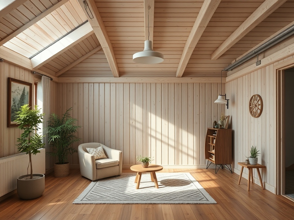 Светлая гостиная с деревянными стенами, растениями и удобным креслом. Пространство наполнено уютом.