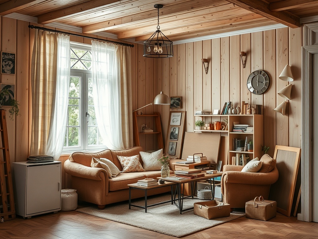Уютная комната с деревянными стенами, мебелью и большим окном, пропускающим солнечный свет.