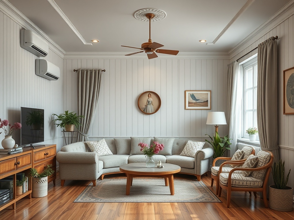 Современная гостиная с мягкой мебелью, столом и декором на стенах, уютная и светлая атмосфера.