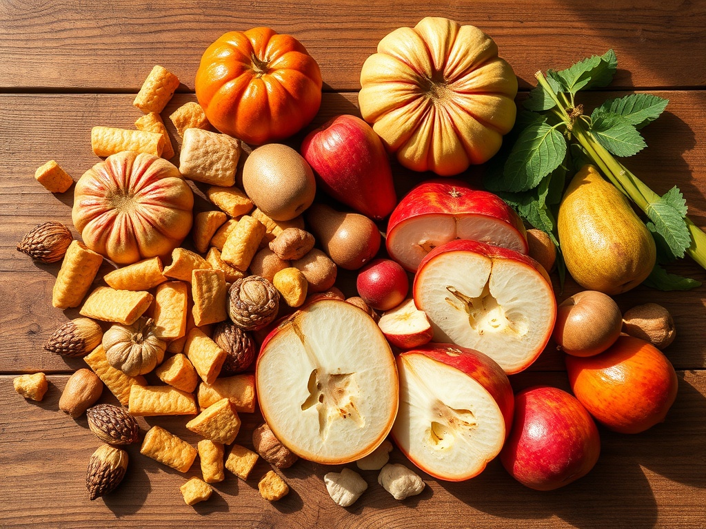 Разнообразные фрукты и орехи: яблоки, груши, тыквы и закуски на деревянном столе.