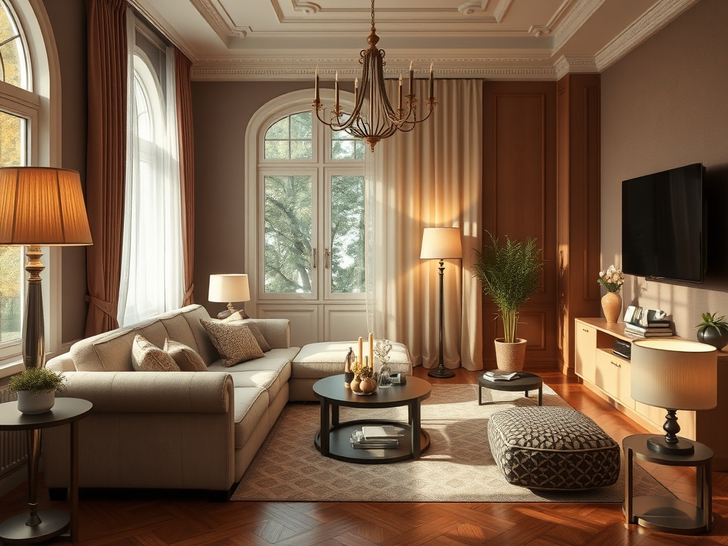 Уютная гостиная с диваном, телевизором, растениями и светильниками, освещенная естественным светом.