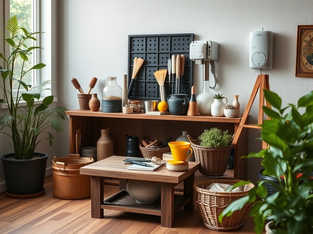 Уютный уголок с деревянной мебелью, кухонными принадлежностями и растениями в уютной атмосфере.