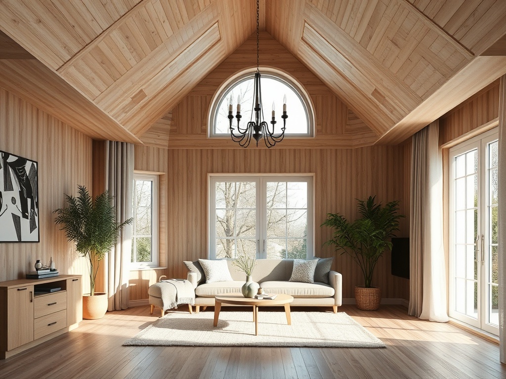 Современный интерьер с деревянными стенами, большими окнами и уютной мебелью. Солнечный свет и натуральные элементы.