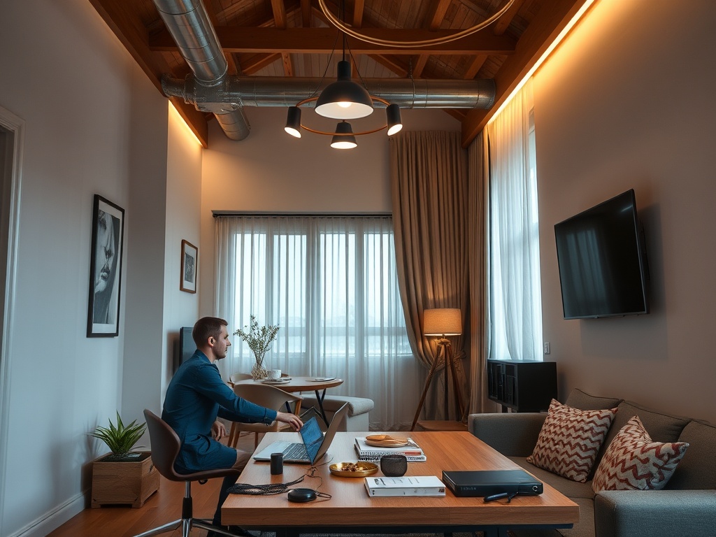 Человек сидит за столом в современном офисе с окнами и уютной мебелью. Светлый интерьер с деревянными элементами.