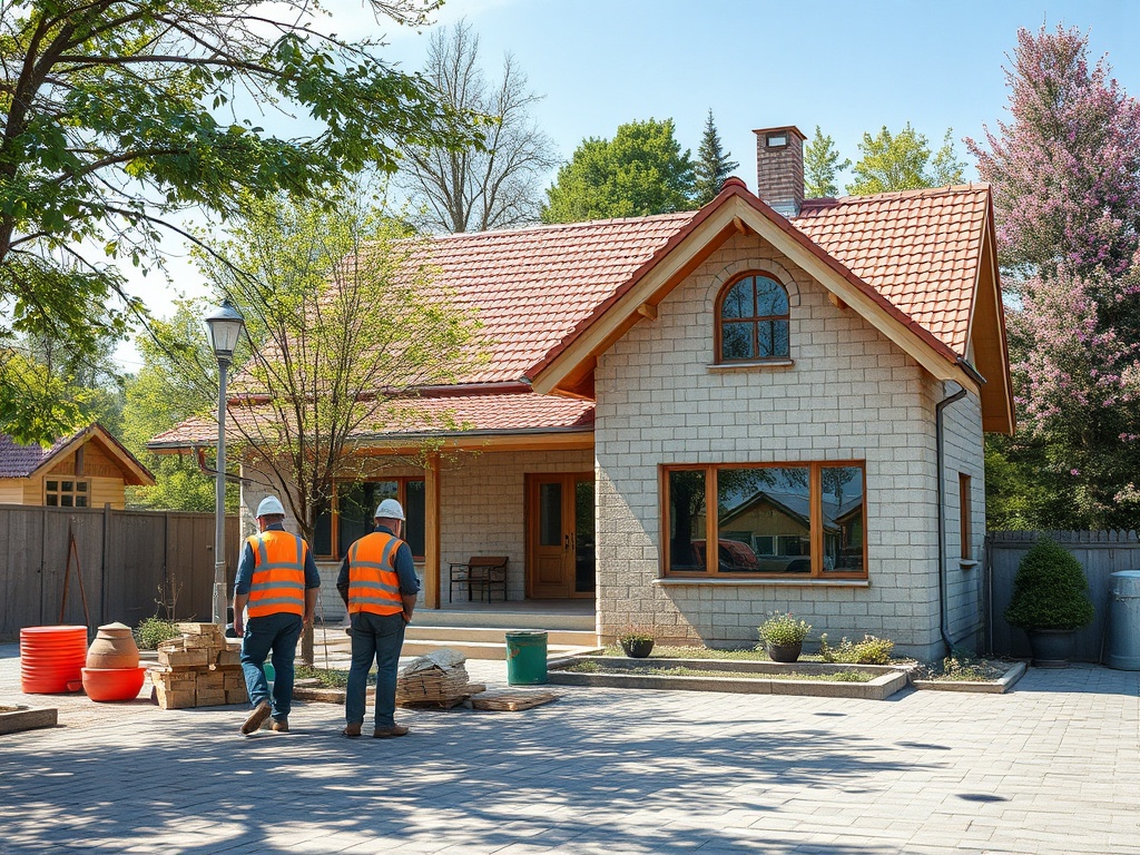 На картинке дом с красной крышей, двое строителей в касках и жилетах идут по плиточной дорожке.