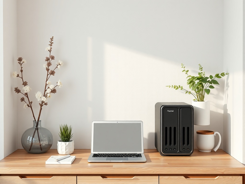 Стильный рабочий стол с ноутбуком, растениями и чёрным накопителем. Светло и современно.