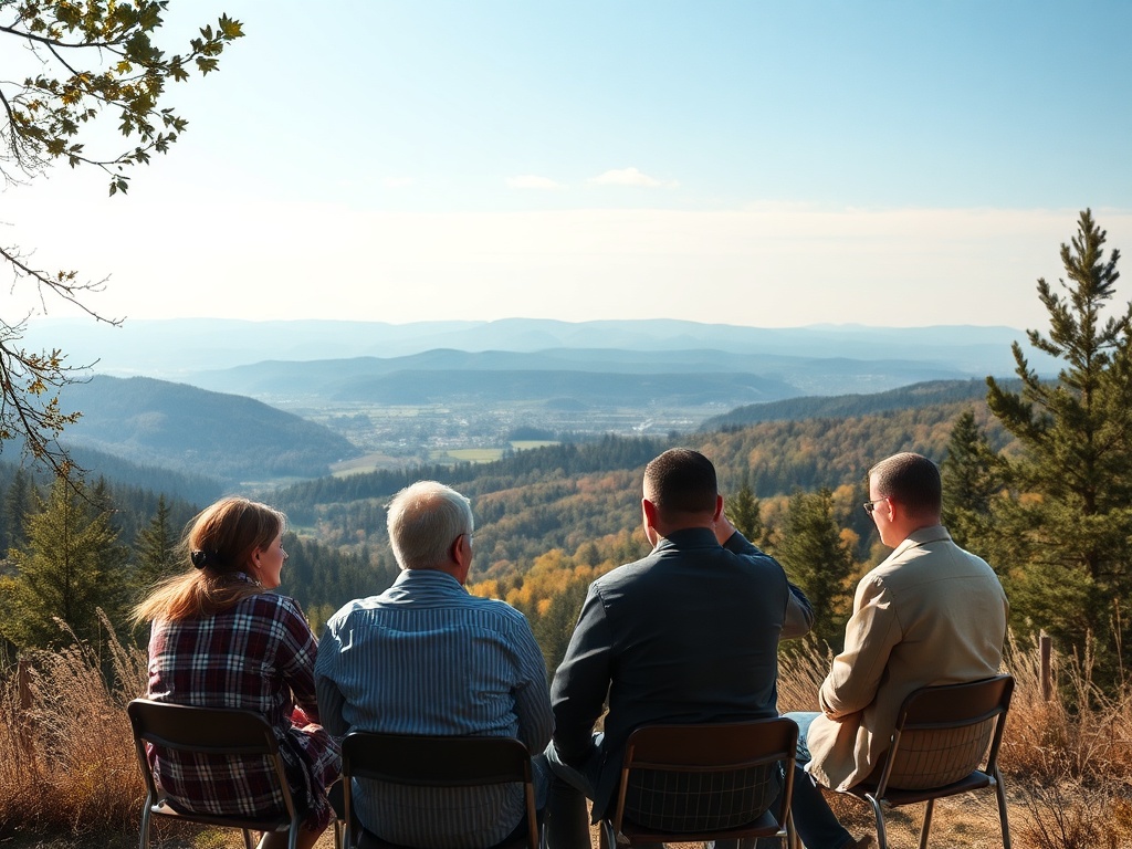 Четыре человека сидят на стульях и любуются панорамным видом гор и долин.