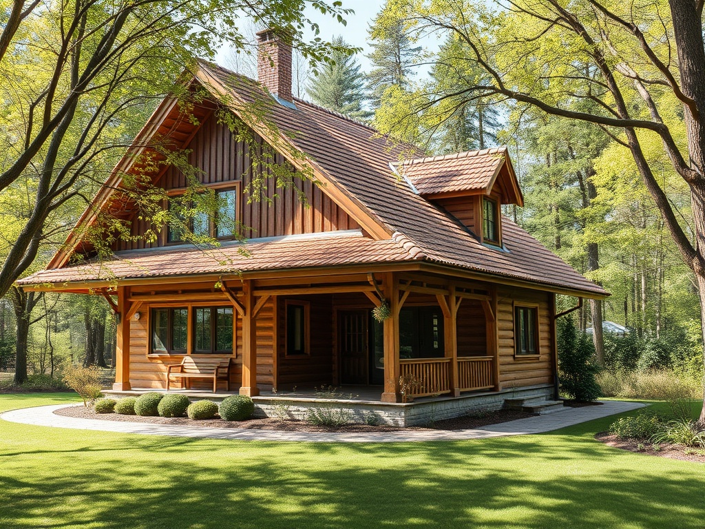 Деревянный дом с крышей из черепицы, окруженный зелеными деревьями и аккуратным ландшафтом.