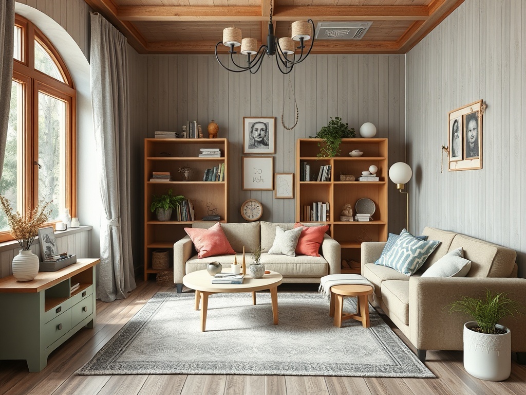 Светлая гостиная с мебелью в теплых тонах, книгами на полках и уютным декором. Просторное и комфортное пространство.