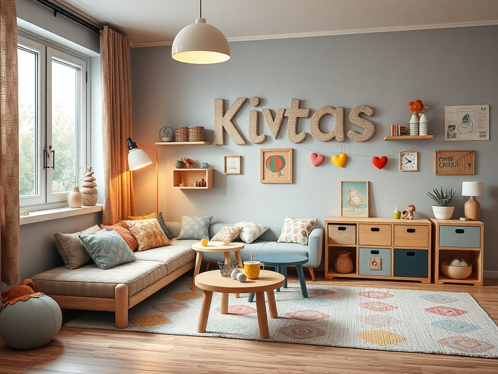 Уютная комната с диваном, столом и стеной, украшенной буквой "Kivtas" и веселыми декорациями.