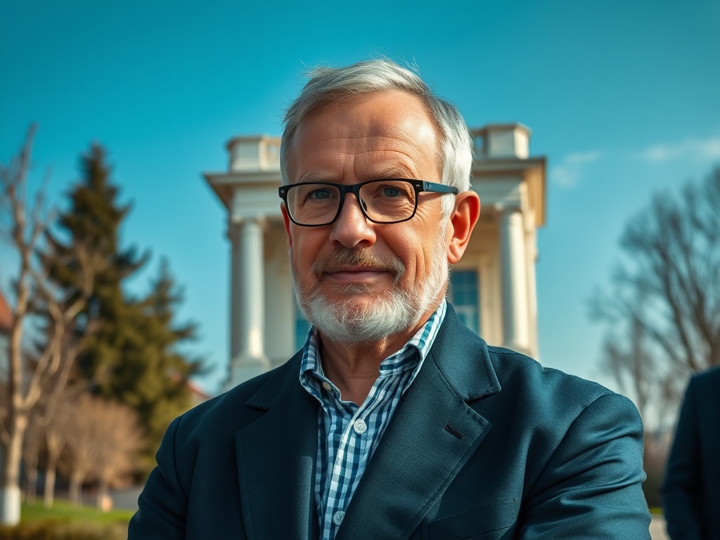 На изображении улыбающийся мужчина с седеющими волосами и очками на фоне здания и деревьев.