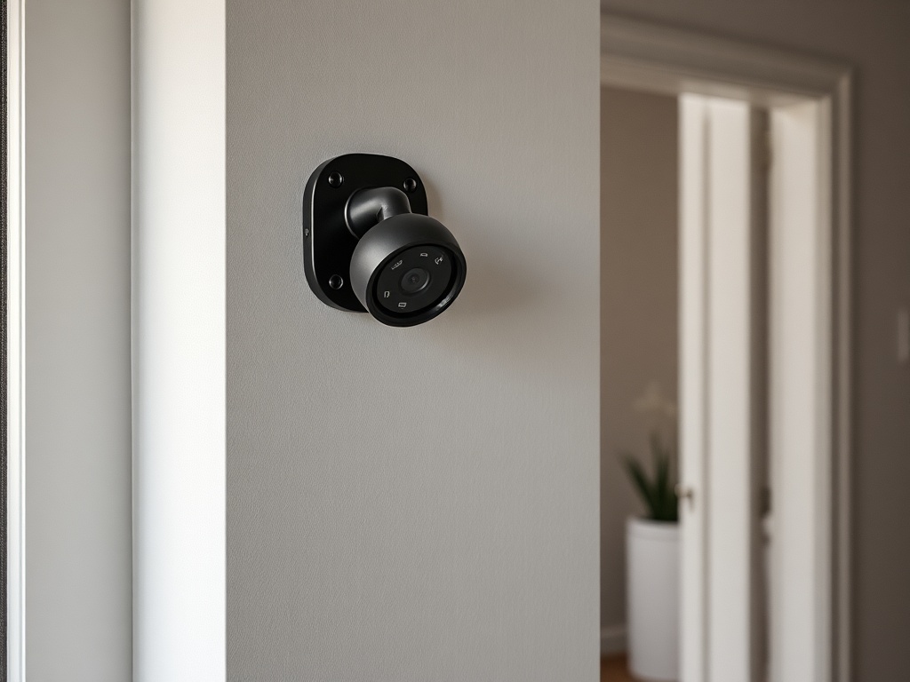 Черная умная замочная скважина на стене в современном интерьере рядом с дверным проемом.