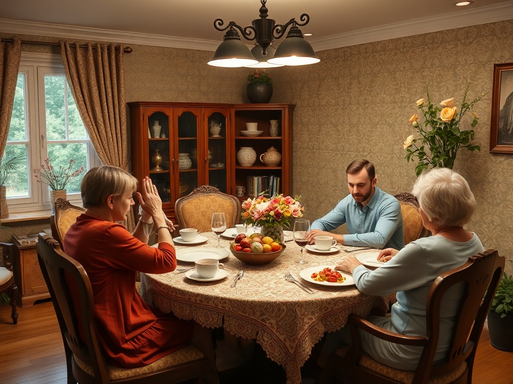 Трое людей за столом с едой в уютной комнате, оформленной в классическом стиле. Настроение — дружеское и спокойное.