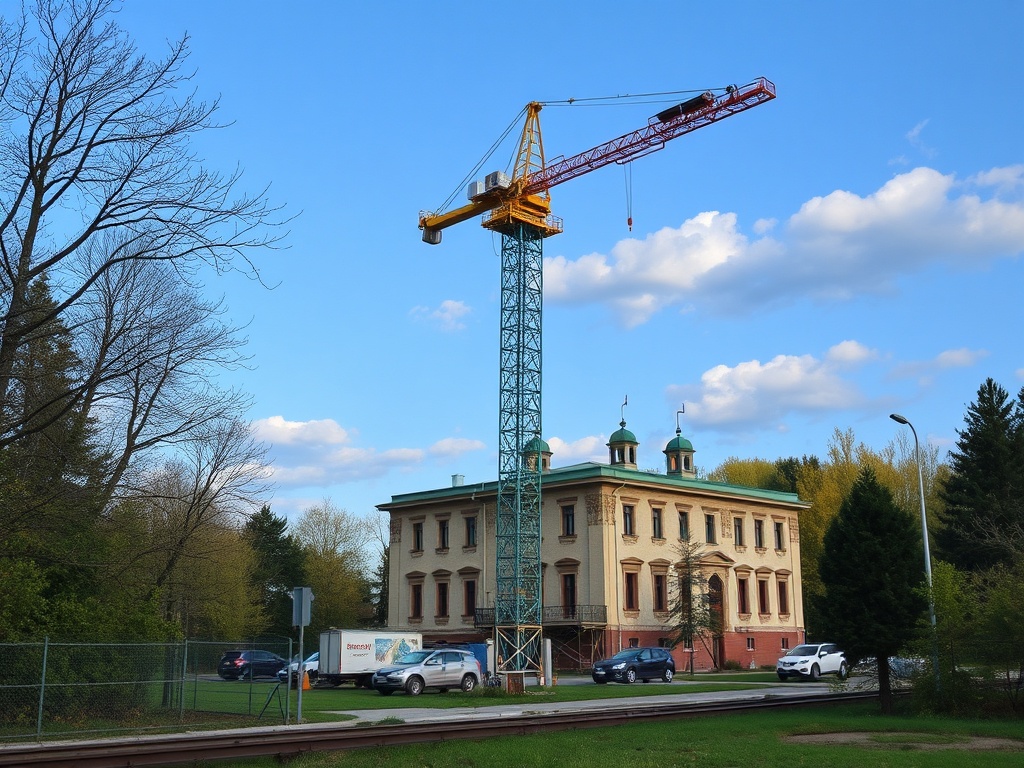 На фоне голубого неба установлен строительный кран рядом с историческим зданием. Макушка здания украшена куполами.