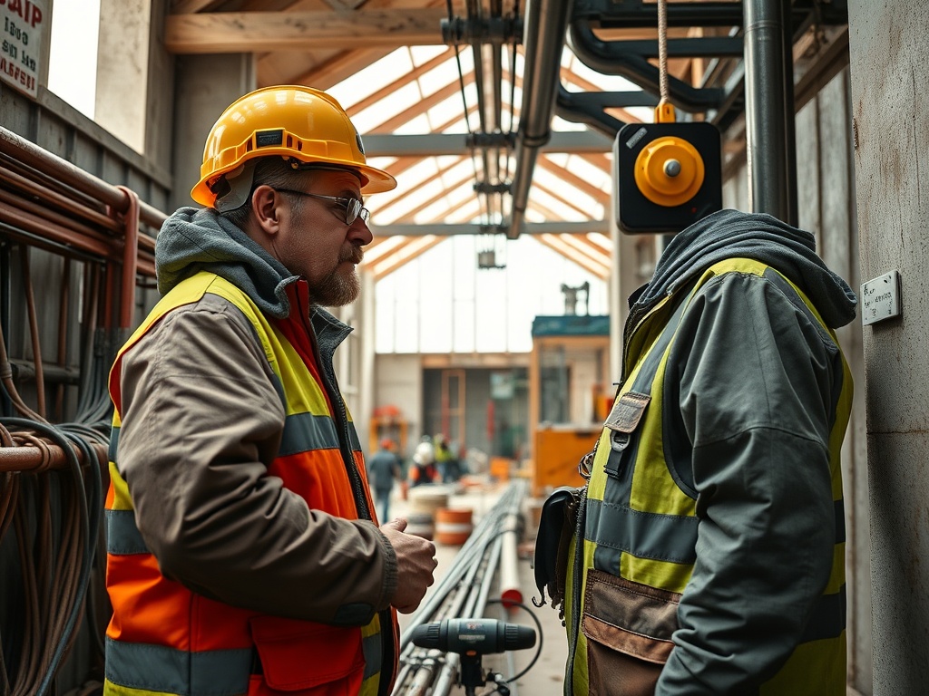На строительной площадке два рабочих в защитной одежде обсуждают детали проекта. Вокруг трубы и инструменты.