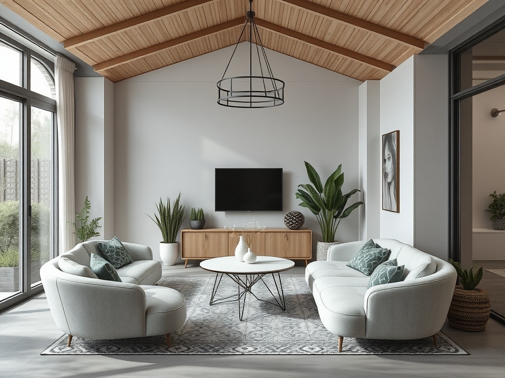 Современный интерьер гостиной с мягкой мебелью, телевизором и зелеными растениями. Светлое и уютное пространство.