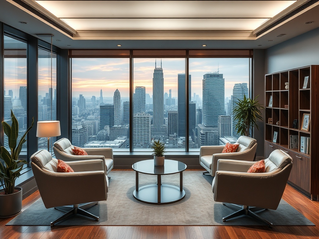 Современный офис с уютными креслами и панорамным видом на город на закате.