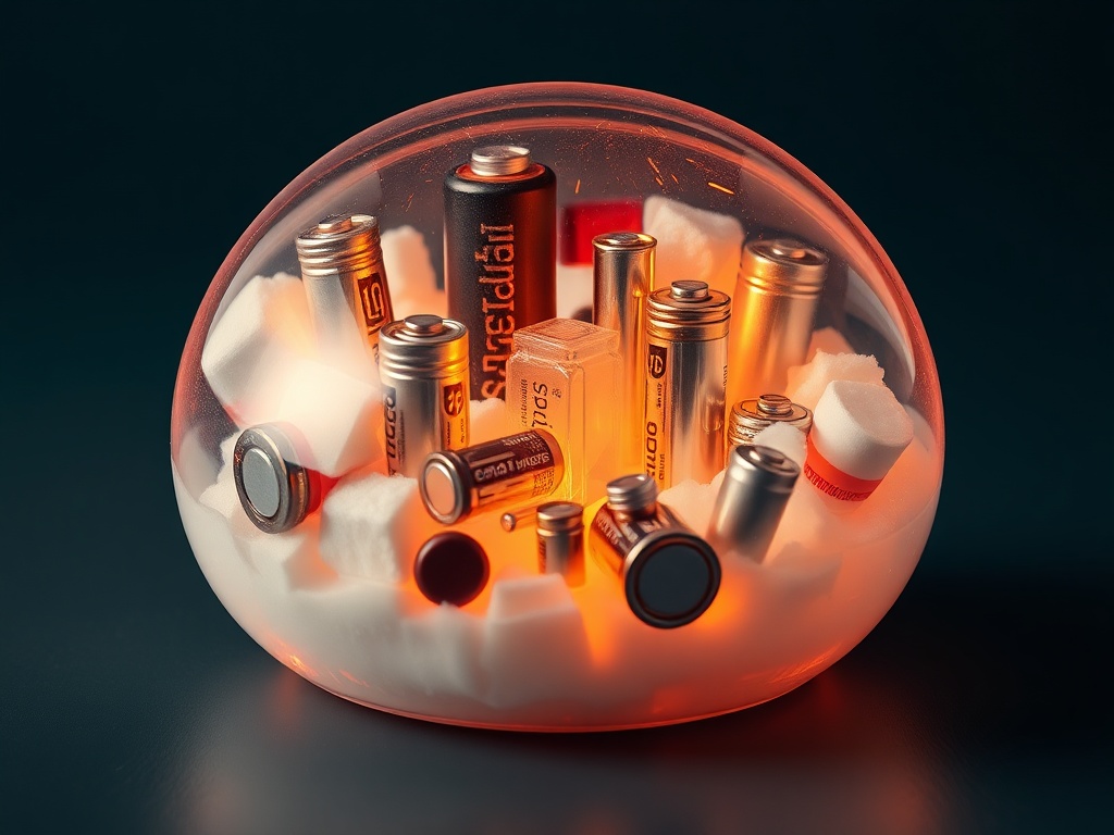 Упаковка с батарейками разного размера внутри светящемся контейнере с ватными комками.