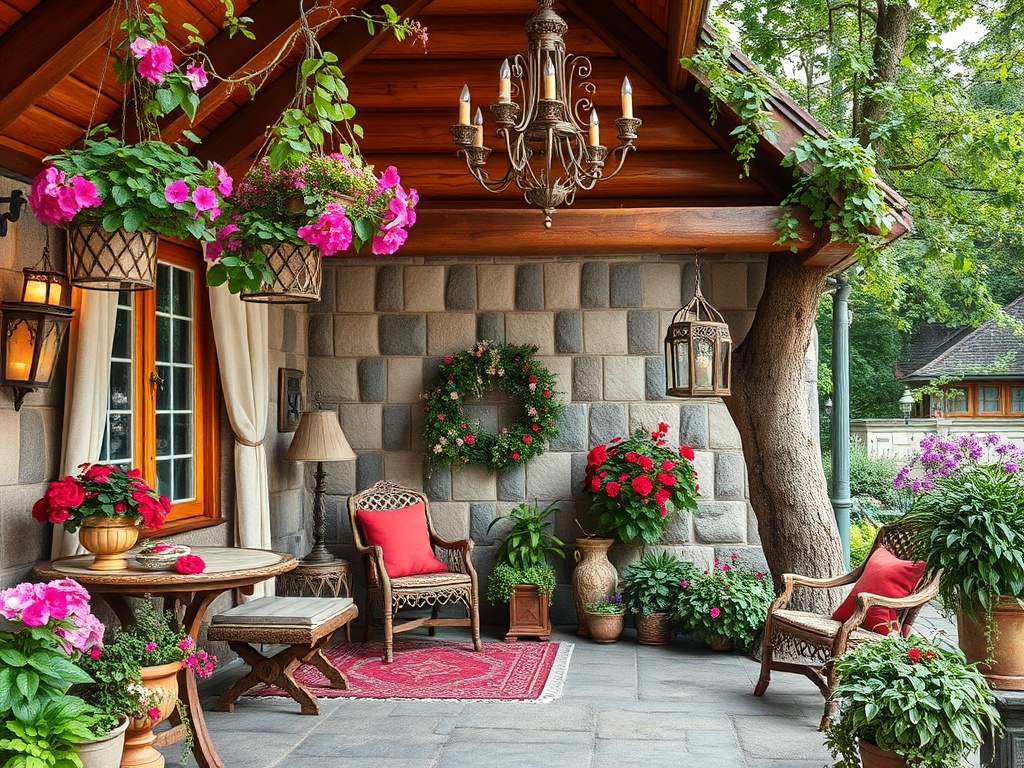 Уютная веранда с цветами, диванами и светильниками, оформленная в теплых тонах. Зеленые растения дополняют атмосферу.