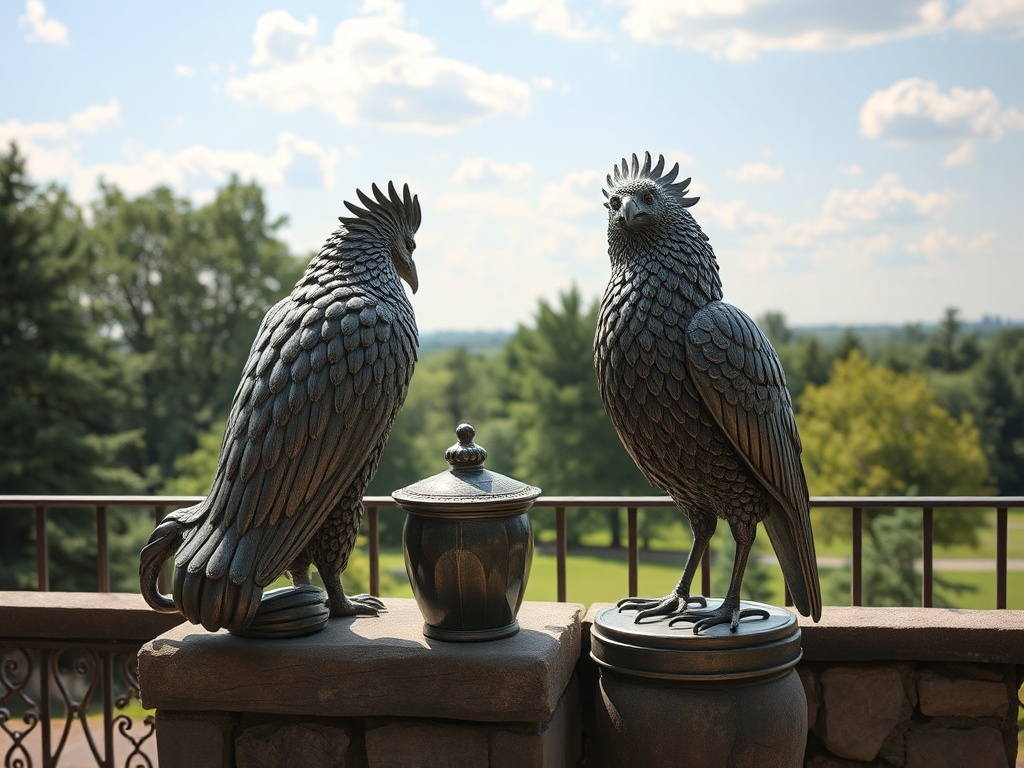 Две металлические статуи птиц на балконе, рядом с декоративным сосудом, на фоне зелёного пейзажа.