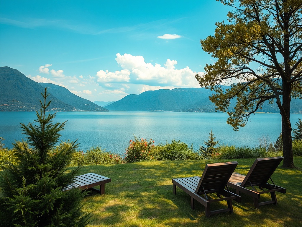 Спокойный вид на озеро и горы с шезлонгами на траве под ярким голубым небом.