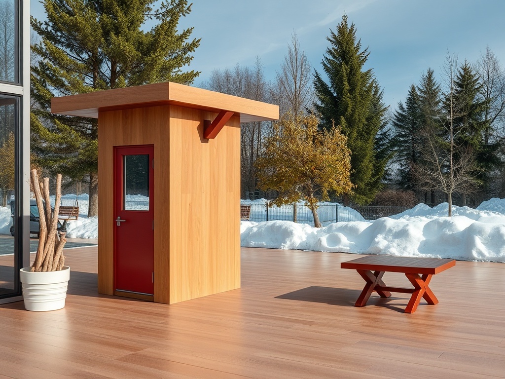 Современная деревянная беседка с красной дверью и столиком на фоне зимнего пейзажа.