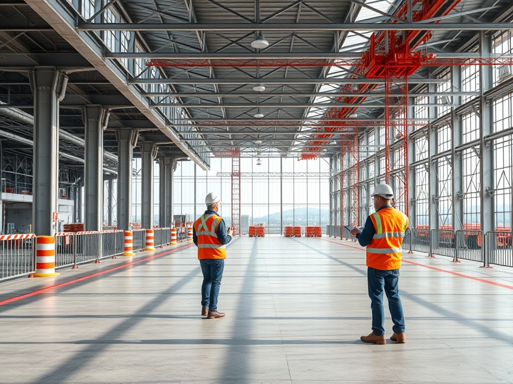 Два строителя в жилетах на строительном объекте с высокими окнами и кранами на фоне.